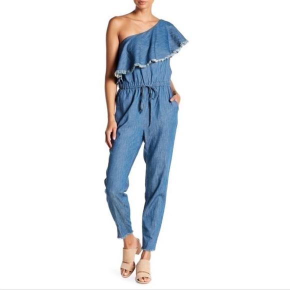 Blank NYC Making Waves Cotton Jumpsuit XS Frayed One Shoulder Back Cutout Pants - Picture 3 of 16